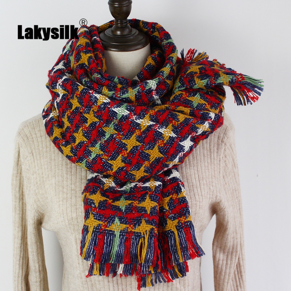 Rainbow Winter Plaid Scarf Women Thick Warm Shawls Wraps Lady Scarves Tassels Pashmina Blanket Houndstooth Foulard Red