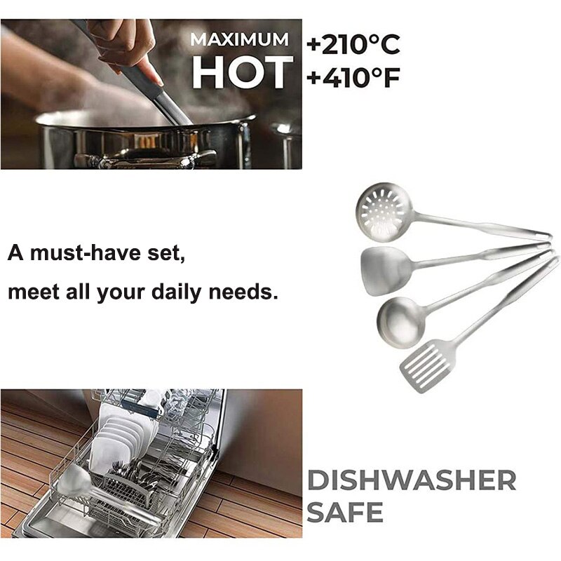 4-Piece Stainless Steel Cooking Tools Set, Nonstick Kitchen Utensils Set - Turner Soup Ladle Strainer