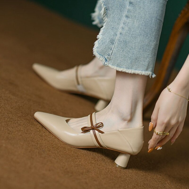 Spring/Summer Woman Shoes Pointed Toe Round Heel Shoes Women Split Leather Bow-Knot High Heels Women Pumps Zapatos De Mujer