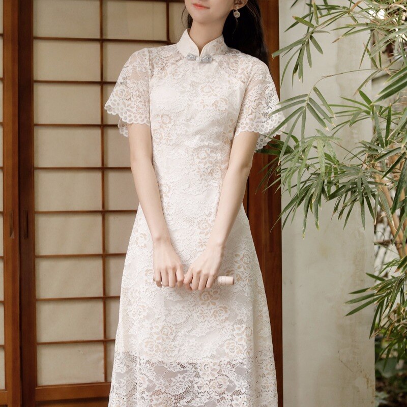 Kant Cheongsam Jong Zomer Meisje Elegante Gewijzigde Taille Lange Jurk