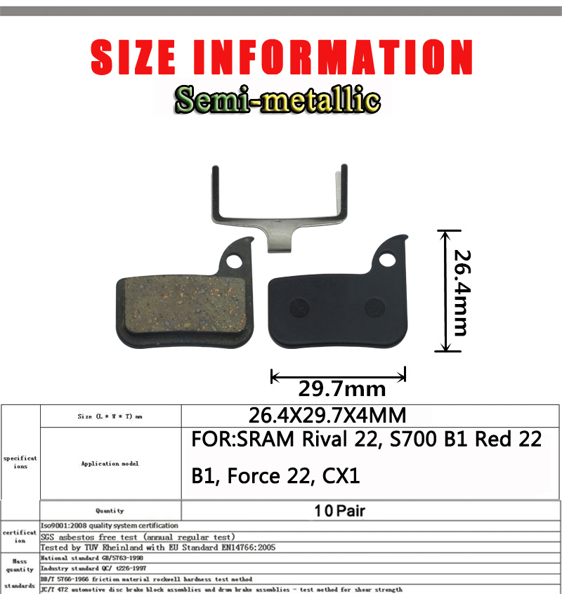 10 Pair Bicycle Disc Brake Pads For SRAM AVID Rival 22 S700 Red 22 B1 Force 22 CX1 Parts Semi-Metal MTB E-BIKE Accessories