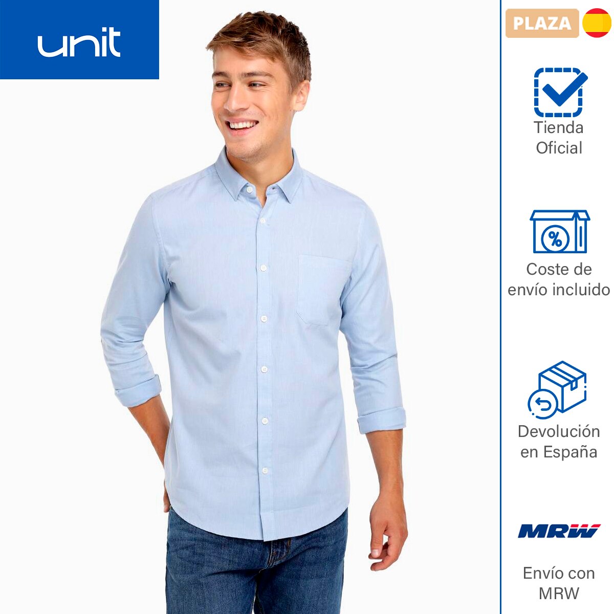 Unit - Camisa para hombre de diario básica color azul lisa. Camisa manga larga de sport