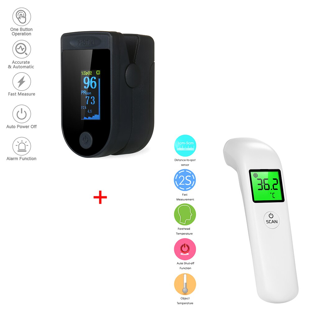 Fingertip Pulse Oximeter SpO2 & PR Monitor Alarm Function Non Contact LCD Display +Thermometers Handheld: MD1798B MD1741