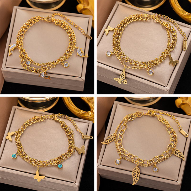 Acciaio inossidabile 316L New Fashion Fine Jewelry 4 stili 2-Layer zircone Butterfly Leafs Dolphin Charm Chain bracciali per le donne