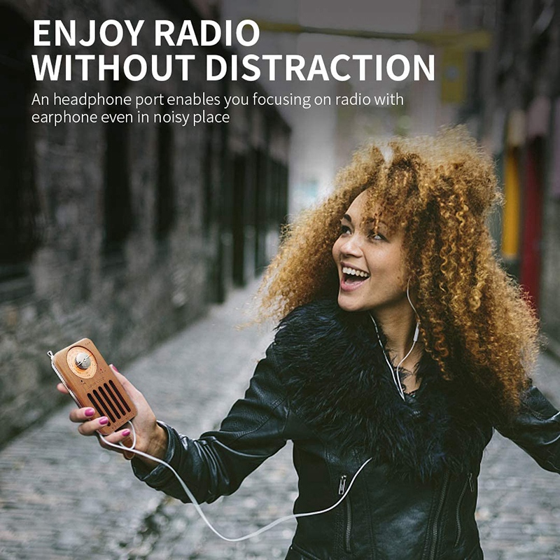 AM/FM Portable Radio, Retro Cherry Wood Pocket Radio with Best Reception, Headphone Jack, By 2 AA Battery