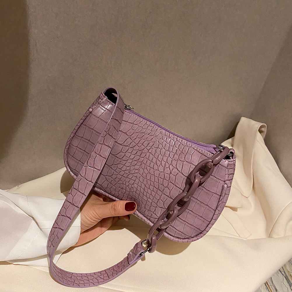 Sac à main Baguette motif Crocodile pour femmes, sac à épaule couleur bonbon avec chaîne, petits sacs sous les bras en cuir à la ,: Violet