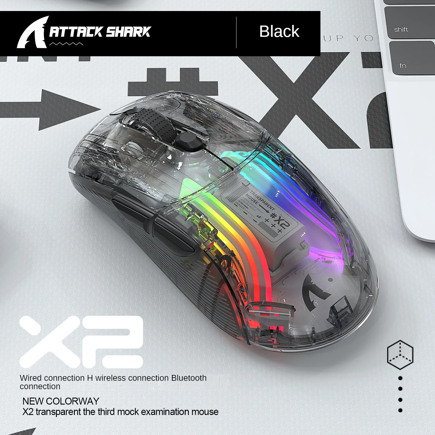 ATTACK SHARK X2 Pro tryb tryb bezprzewodowa przezroczysta obudowa mysz do gier RGB akumulator 4000 DPI ładowalna mysz dokująca: FIOLETOWY