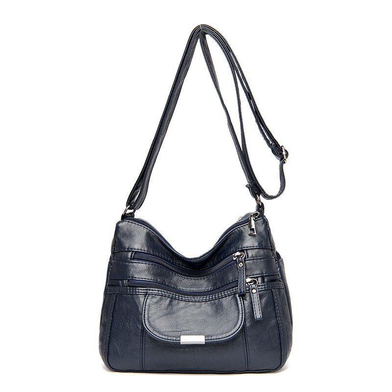 Retro women's bag double zipper shoulder bag soft leather handbag simple messenger bag trend multi-pocket bag: blue