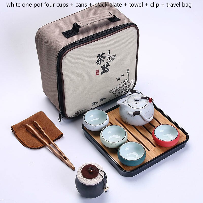 6Pcs Travel Tea Set Porcelain Double Wall Cup Flower Dragon Moutain Teapot Kung Fu Tea Set Teaware A: C-white