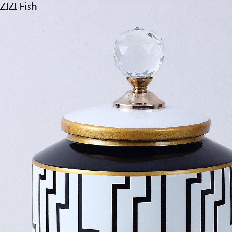 Tarros de porcelana con tapa de cristal, recipiente de té, olla de caramelo, tanque de almacenamiento de cerámica, decoración de escritorio, tarros de almacenamiento de rayas geométricas