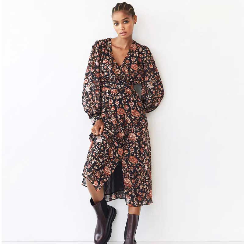 BOHO INSPIRED Floral print dress women V-neck Long sleeve Pleated details boho dress slit front spring summer dress