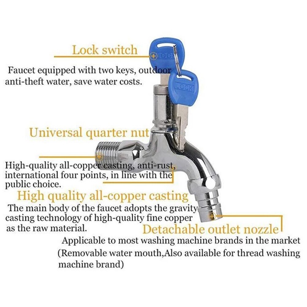 Universal bibcocks vattenkran med lås ett hål offentligt stöldskydd kran zink legering tvättmaskin kök utomhus trädgård