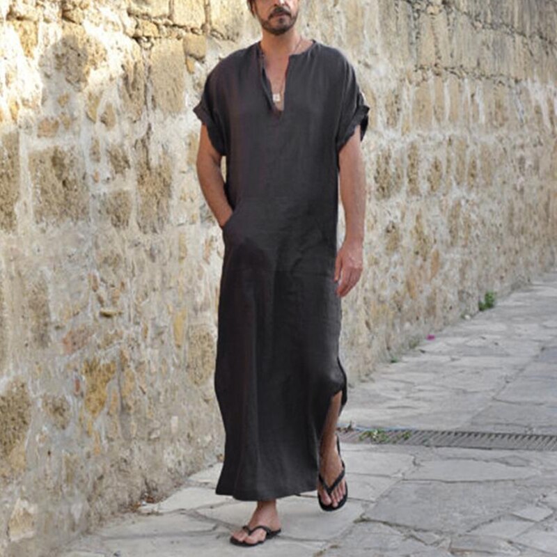 Saudi Arab Dubai Man Muslim Kaftan Thobe Middle East Turkish Islamic Traditional V-neck Jubba Robes Vintage Long Shirt: Color1 / XL