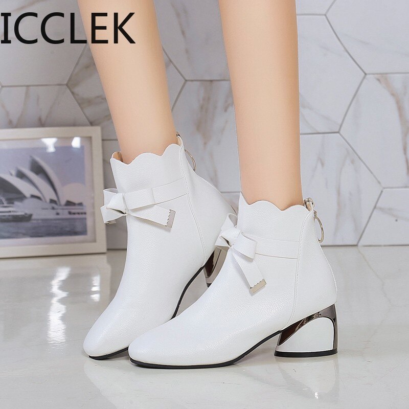 Women Ankle Boots Autumn Winter Shoes Med Heels Bare Boots Bow Dress Shoes Female Boots Wave White Botas Mujer