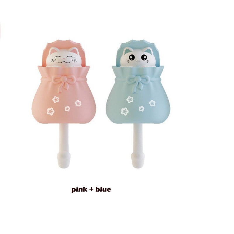 Sac en forme de chat porte-bonheur Kawaii, crochet de porte-clé arrière, crochet mural auto-adhésif décoratif pour rangement de salle de bain: pink and blue