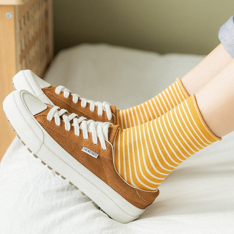 Japanese Harajuku Style Stripe Kawaii Socks Women Autumn Spring Hemming Pink Socks Cotton for Ladies 120601
