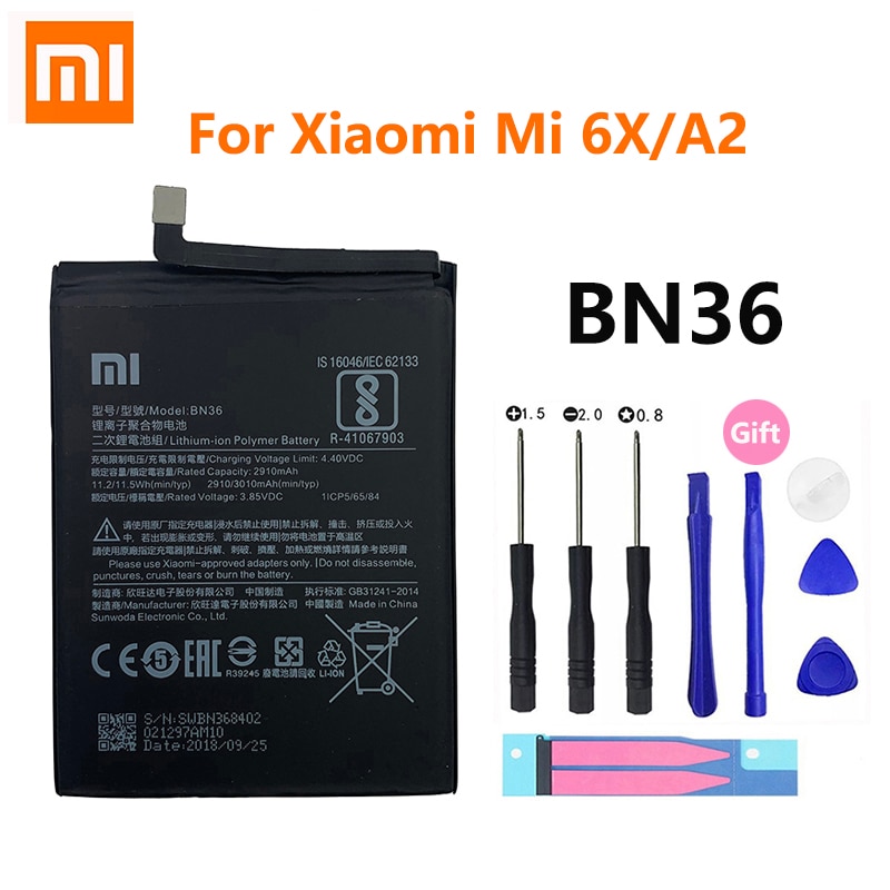 100% Orginal Xiao Mi BN36 3010Mah Batterij Voor Xiaomi 6X A2 Mi6X MiA2 M6X MA2 Telefoon Vervanging batterijen