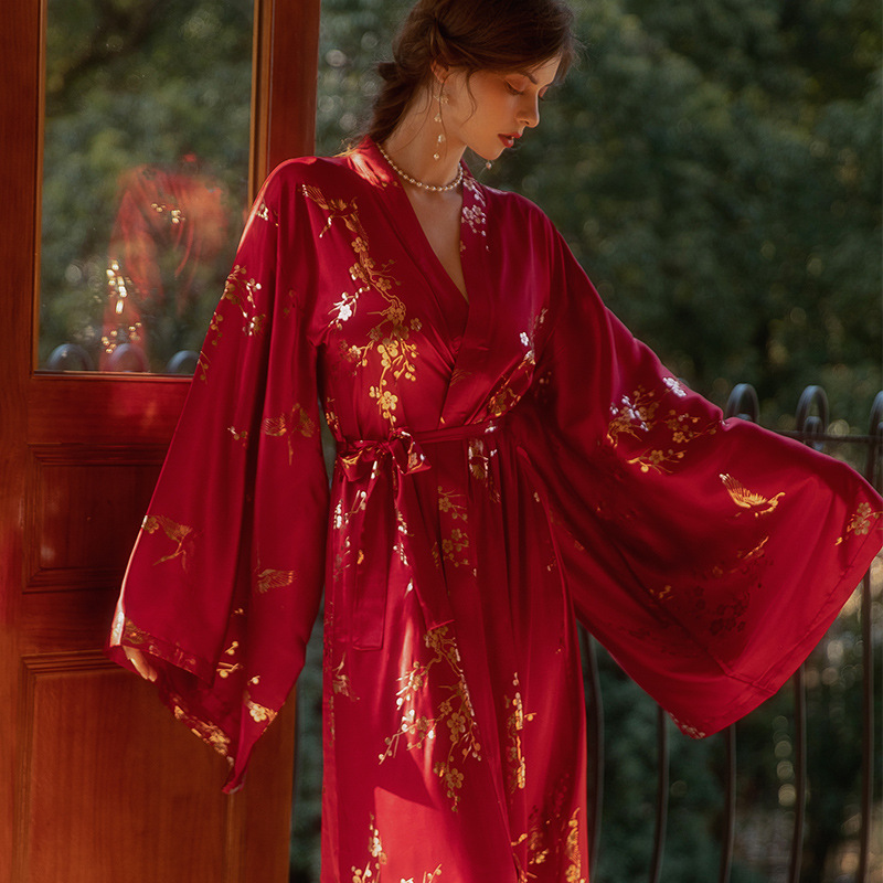 Bata Kimono Burdeos de lujo para mujer, albornoz Sexy con flor bronceadora, ropa de dormir , camisón para novia y boda: S / Azul