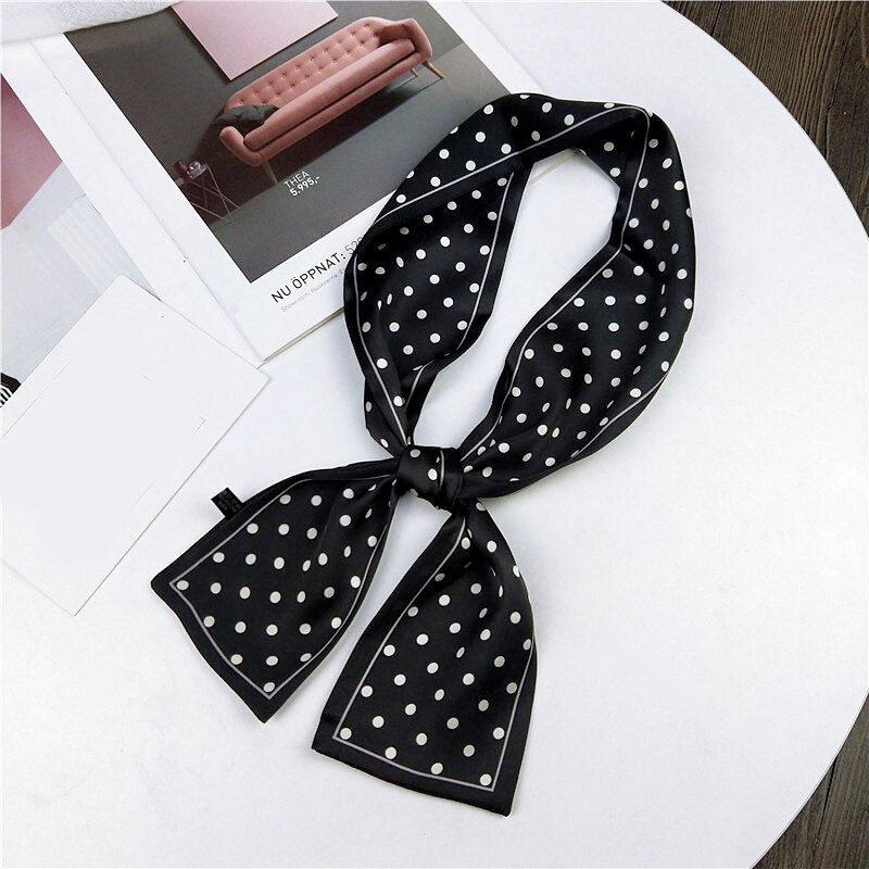 Pañuelo de lunares de seda para mujer, pañuelo para el pelo, cinta para el pelo, cinta para la muñeca, bandoleras para manualidades, bandoleras de satén, ajustado largo: Black