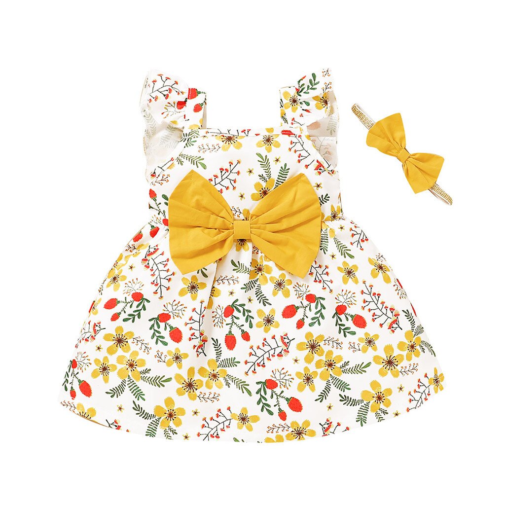 Sunflower Girls Summer Clothes Sets Fly Sleeve Floral Print Dress+headbands 2pcs Dress Party Girls Dresses Children Clothing: White / 2-3 Years