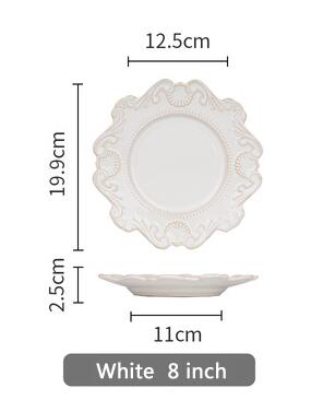plates tableware dinner plates ceramic embossed pattern porcelain dessert plate cake plate: White 8 inch