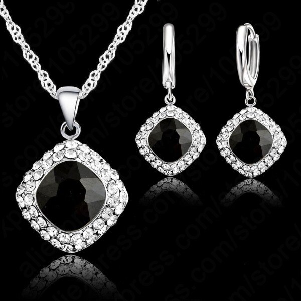 Vrouwen Heetste 925 Sterling Zilveren Sieraden Sets Classic Kleurrijke Ketting Oorbel Set Zirkoon Sieraden Voor Engagement: black