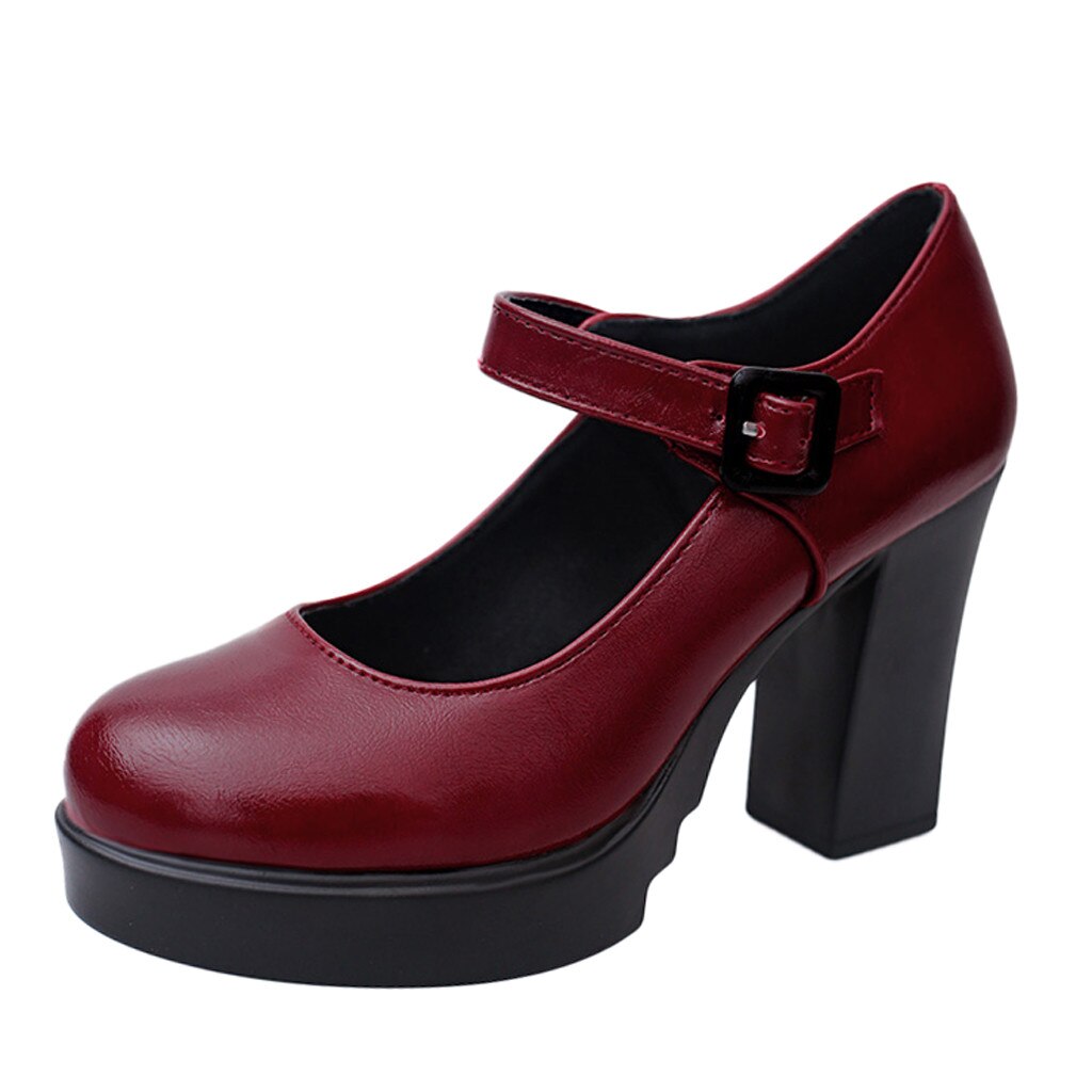 Vrouwen Klassieke Pumps Schoenen Lente Zomer Zwart Lederen Hak Pompen Schoenen Dikke Hakken Platform Pompen Enkel Werk Gesp Schoenen: Rood / 36