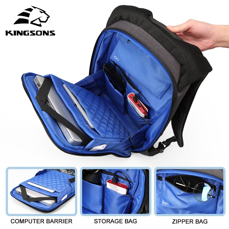 Kingsons Men Women Small Backpack 13''15'' Laptop Bags Bookbag School Bags USB Charging Anti-theft Lock Phone Sucker Luxury