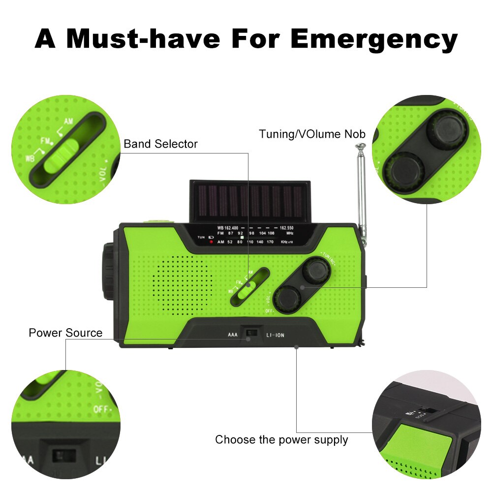 Solar Powered Hand Crank Radio Phone Charger Power Bank Portable Solar Hand Crank 4-LED Light Rechargeable SOS Alarm radio