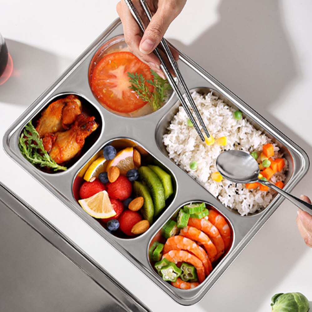 Stainless Steel 304 Divided Dinner Tray Fast Food Plate 5 Grids for School Canteen Kids 5 Section Cafeteria Partition Plate