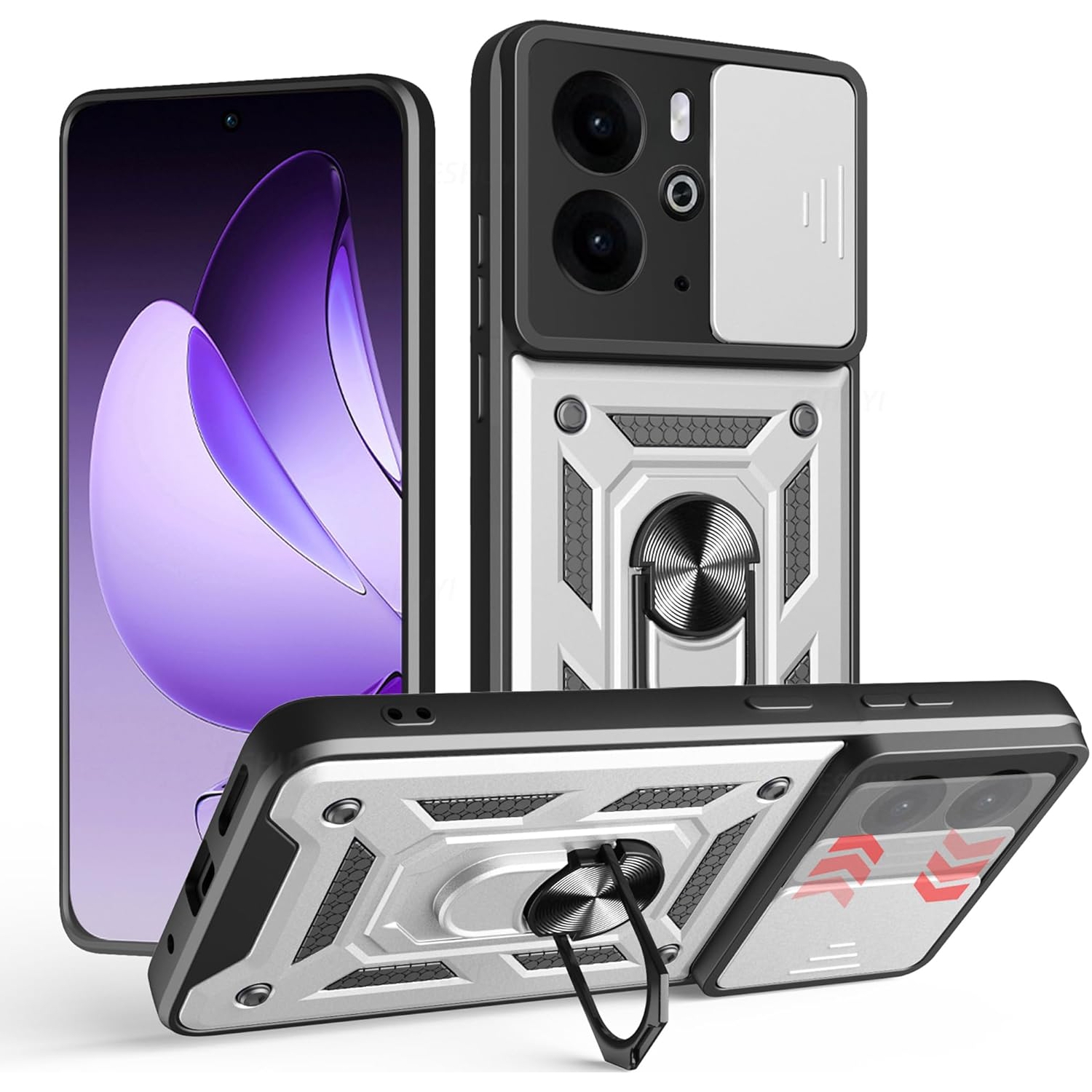 Armor Case For Realme 14 5G Realme 14T Cover Lens Protection With Ring Magnetic Holder Coque Fundas Capa: Silver / Realme 14