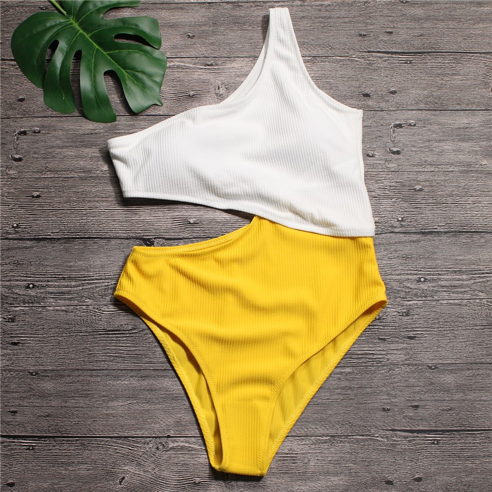 Sexy White Yellow High Waist Cut Out Trikini Ribbed Bathing Suit Monokini Asymmetric Shoulder Swimwear Women One Piece Swimsuit: yellow bodysuit / L