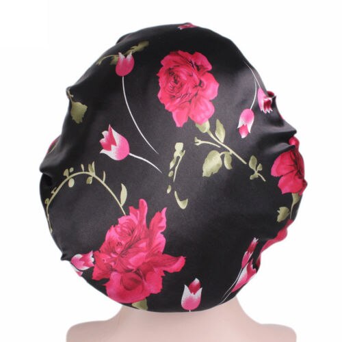 Women Satin Night Sleep Cap Hair Bonnet Hat Silk Head Cover Print Wide Elastic Band: 1