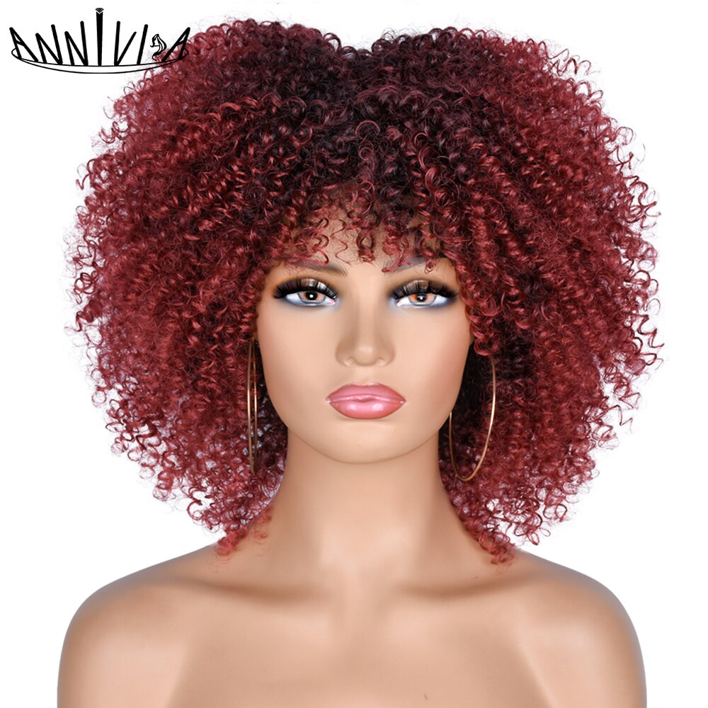 Short Hair Afro Kinky Curly Wigs With Bangs African Synthetic Ombre Cosplay Wigs For Black Women High Temperature: 1B/27HL