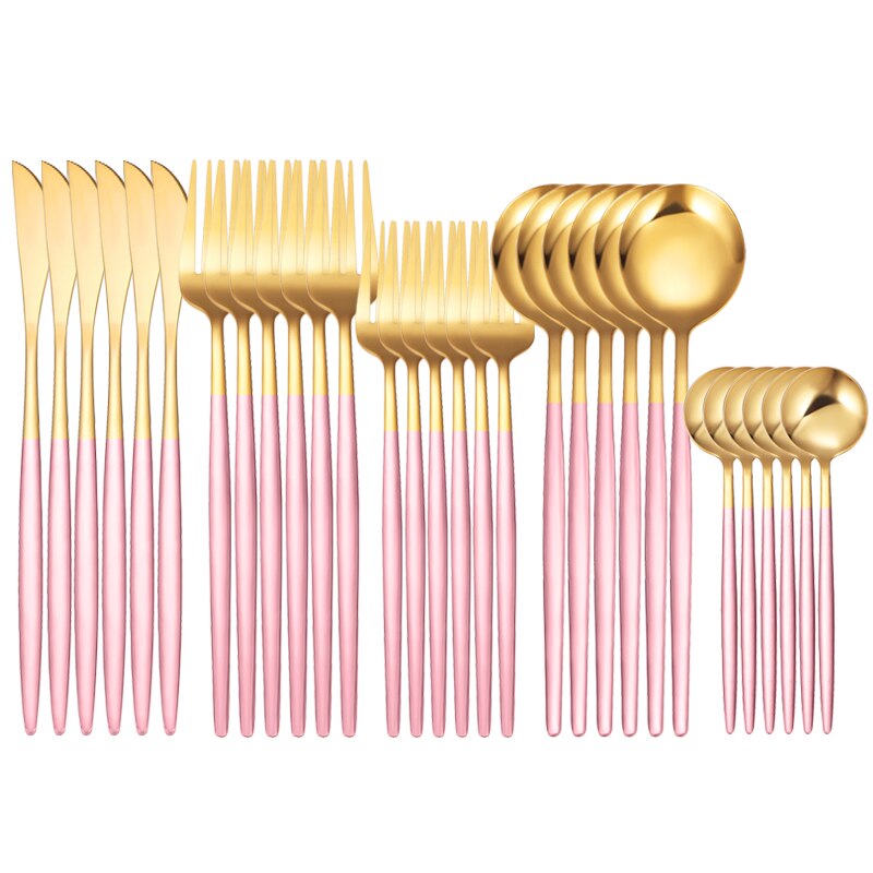 30Pcs White Gold Dinnerware Set Stainless Steel Knife Fork Spoon Cutlery Set Kitchen Tableware Set Flatware Set: 30Pcs Pink Gold