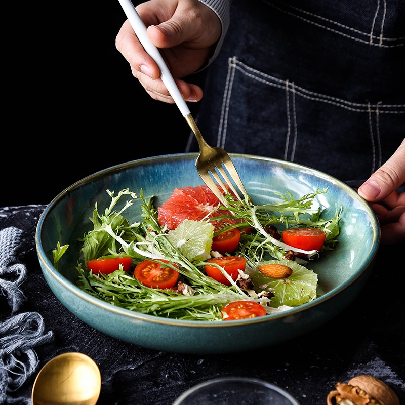 Kinglang japansk keramisk dyb rund fad suppe tallerken familie salat frugt tallerken procelain stor plade