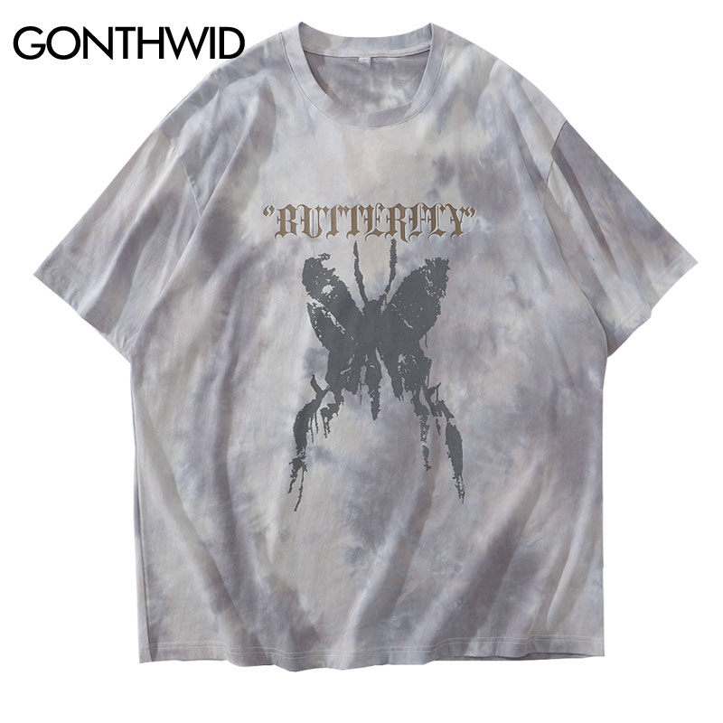 GONTHWID-camisetas con estampado de mariposa desgastado para hombre, ropa de calle Harajuku, Hip-Hop, informal, de algodón, manga corta
