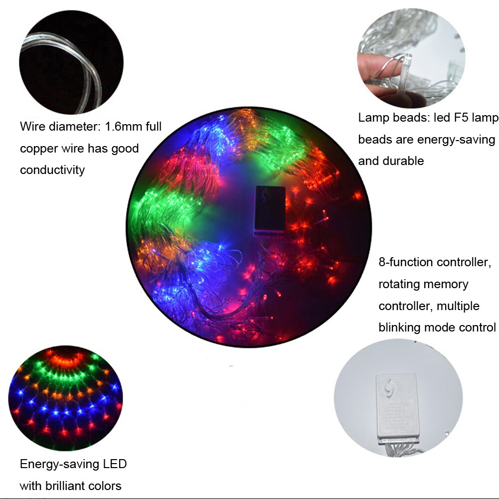 Led Gordijn Verlichting, 3M 3 Pauw Mesh Netto Led String Lights 8 Modi Outdoor Fairy Guirlande Verlichting Voor Kerst Decor