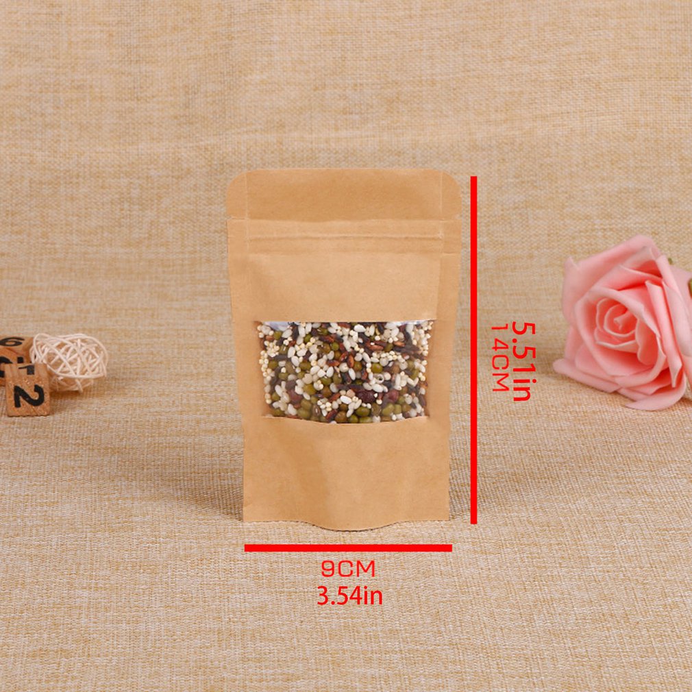 Reusable Kraft Paper Bag with Frosted Window Stand Up Pouch Bag with Tear Notch Moisture Proof Packaging