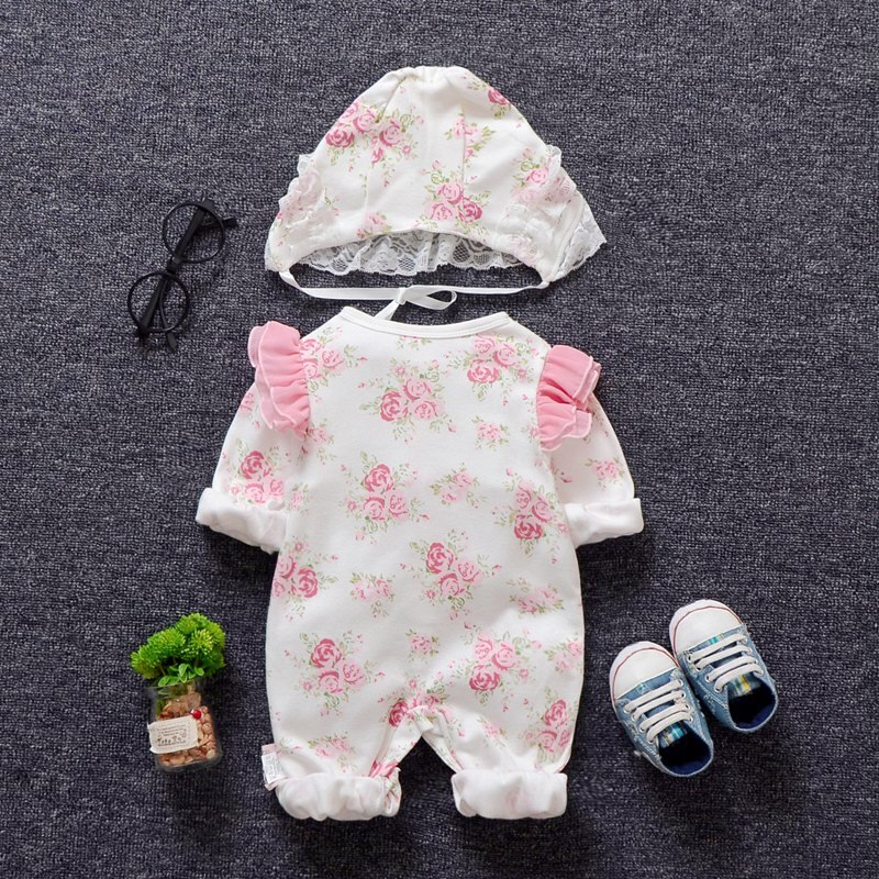 Vêtements de printemps pour -né fille, barboteuse en dentelle florale + chapeaux, ensembles de vêtements de princesse