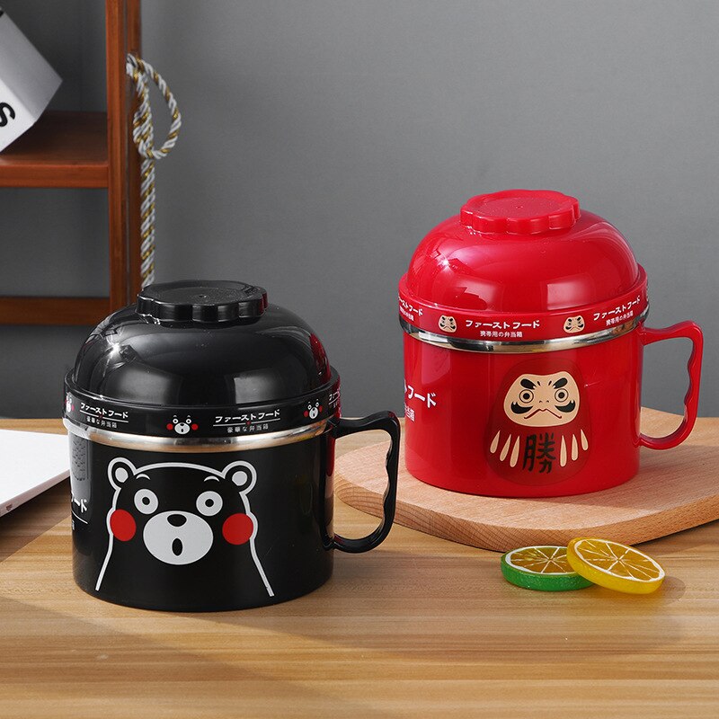 Set de cuencos para sopa de dibujos animados tazón de acero inoxidable cuenco para Fideos instantáneos con tapa con mango contenedor de alimentos tazón de arroz almuerzo maruchan tazón: Negro