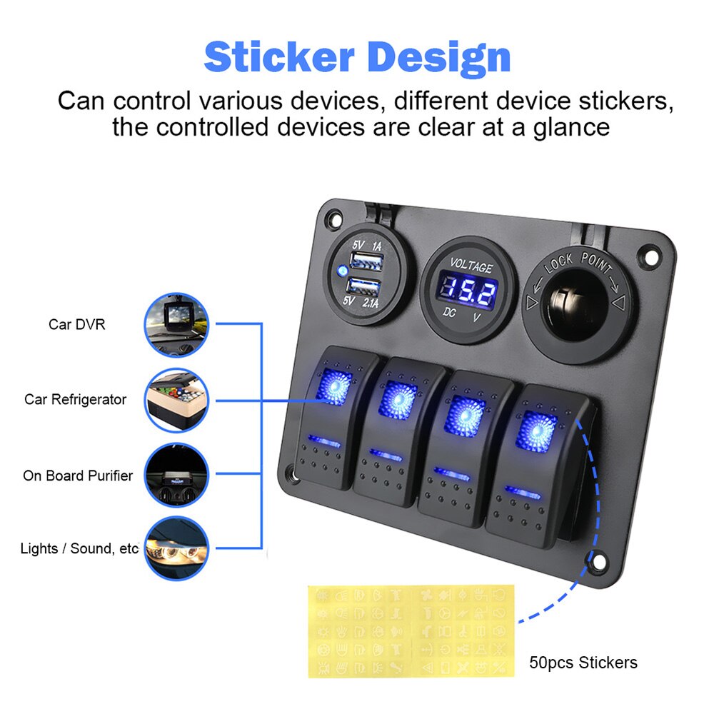 4 gangs 12v/24v led vippebryter panel dobbel usb port effektbryter vanntett digital voltmeter for bil rv campingvogn campingvogner