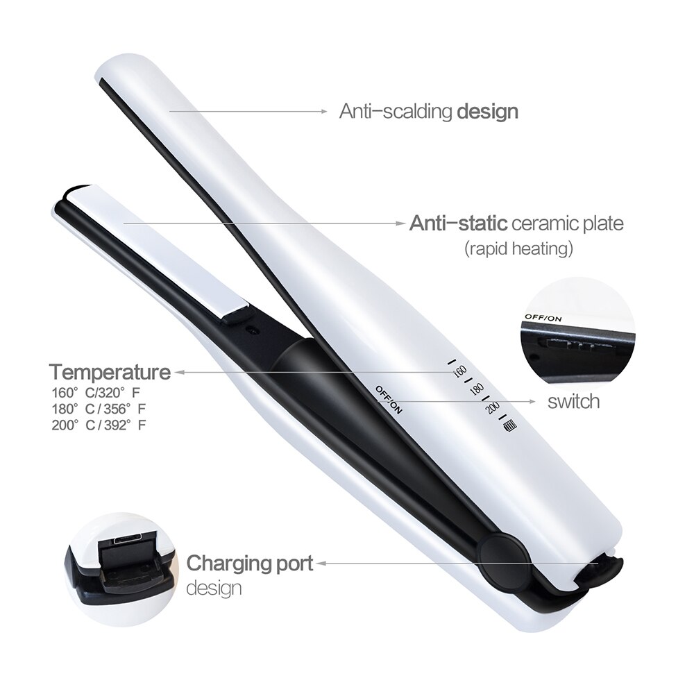 Draagbare oplaadbare li-ion batterij 2400 mah mini draadloze stijltang keramische plaat stijltang haar krultang