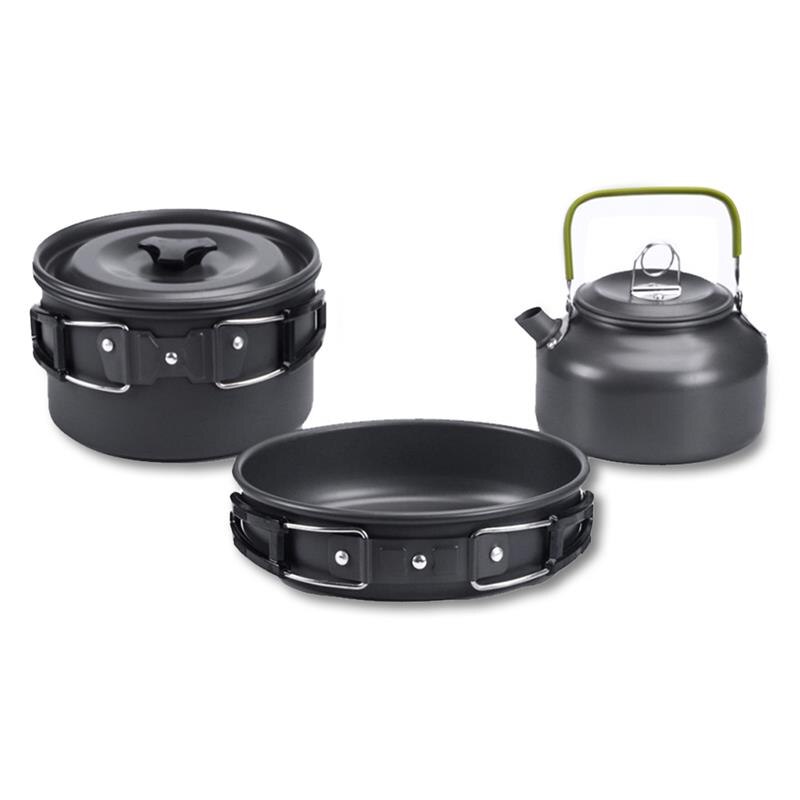 3Pcs Outdoor Kookgerei Camping Koken Pot Keukengerei Kit Opvouwbare Draagbare Geïsoleerde Handgreep Pan Backpacken Waterkoker: Black