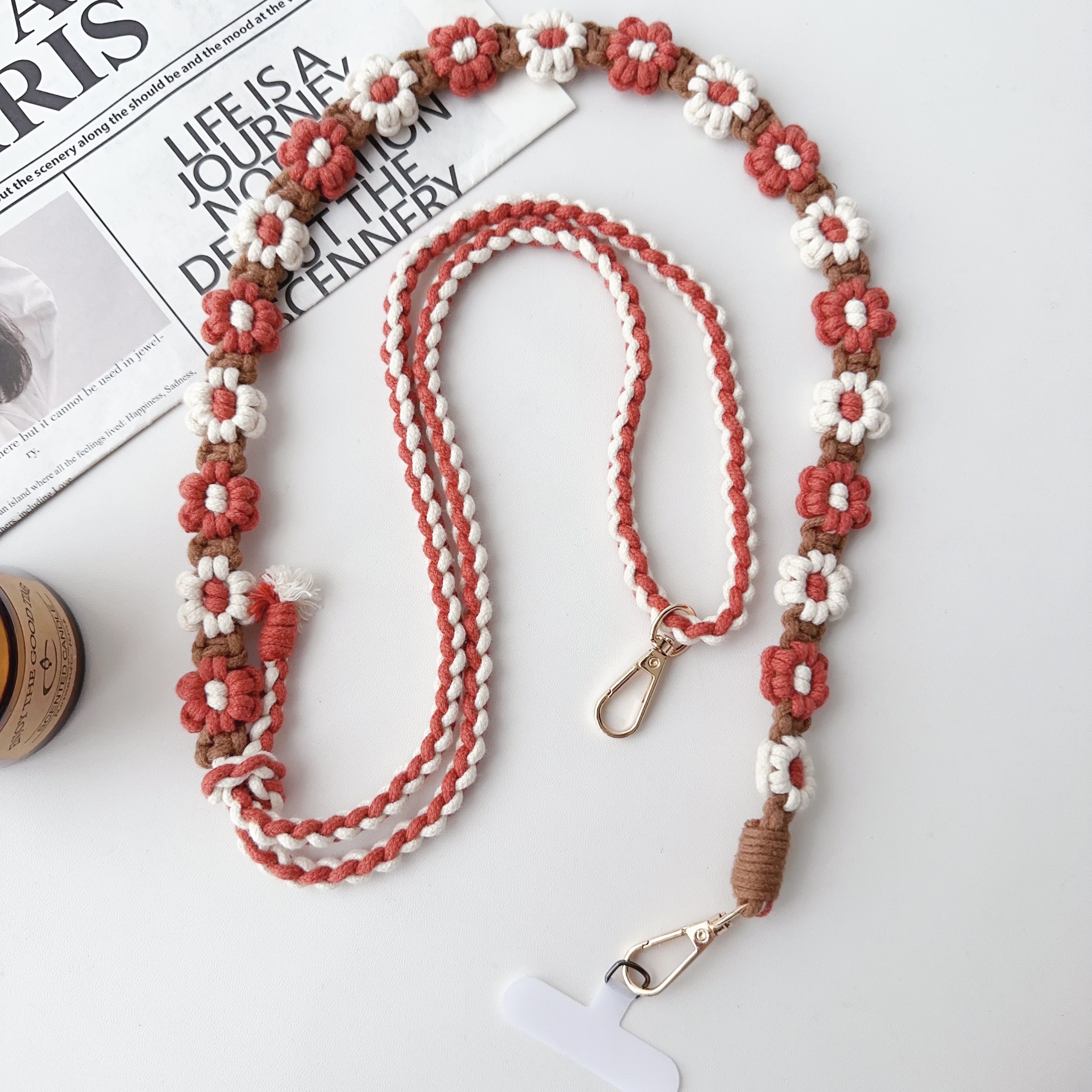 Handgemaakt Madeliefje Verstelbare Lengte Geweven Riem Universele Telefoonband Handgeweven Daisy Bloem Mobiele Telefoon Tas Cross-Body Lanyard: Rose Red
