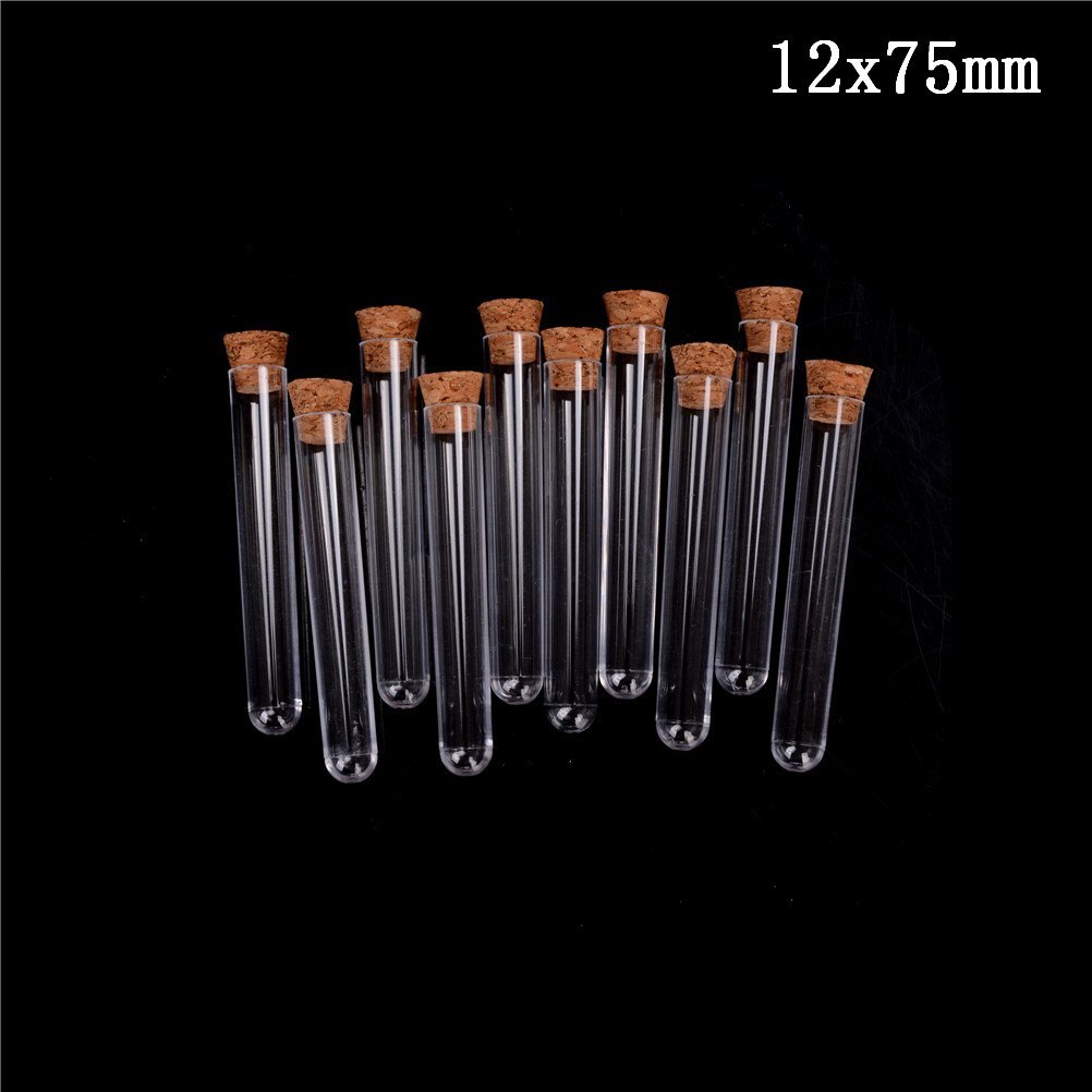 10 stk / mye 12 x 75/12 x 100/15 x 100/15 x 150mm laboratorie plastprøverør med kork klar lab favorittrør, påfyllbar flaske