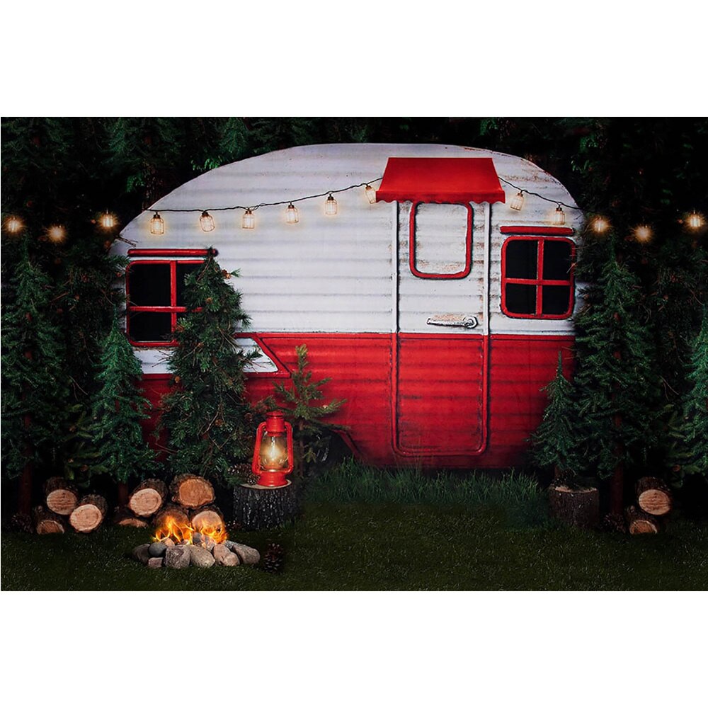 Wilde Kerst Picknick Party Achtergrond Fire Jungle Barbecue Houten Photocall Rood En Groen Wit X-Mas Bomen Achtergrond Nacht