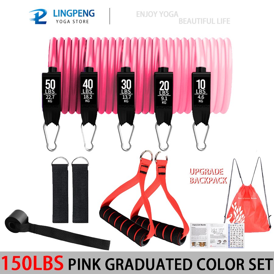 250LBS Set Workout Bands Exercise Bands 5 Tube Fitness Bands with Door Anchor Handles Legs Ankle Straps and fitness stick: 150LBS PINK SET