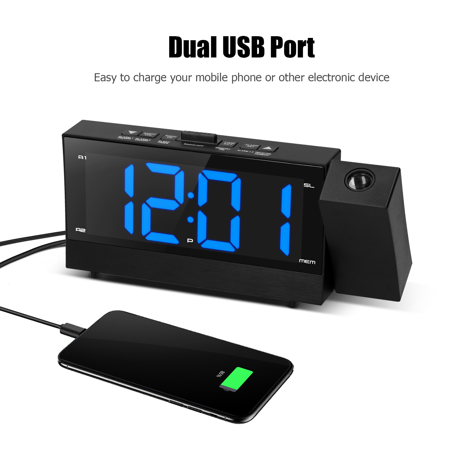 Kkmoon 6.4Inch Digitale Projectie Wekker 180 Graden Draaibare Projector Klok Met Dual Alarm Snooze Fm Radio Telefoon Oplader