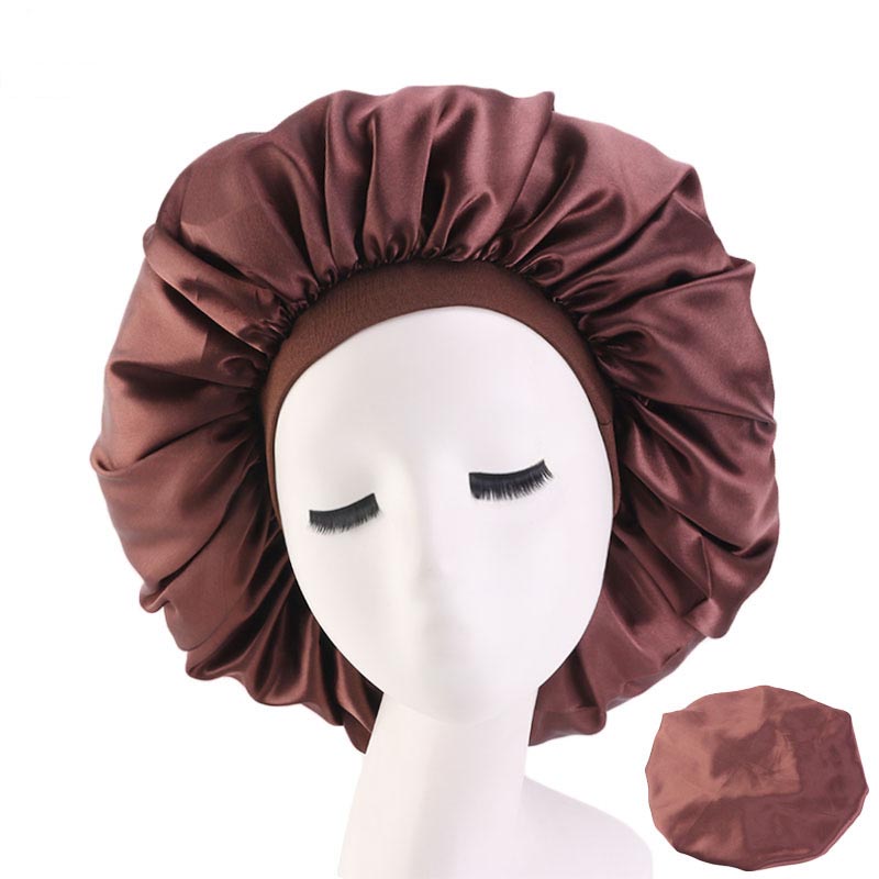 Women Satin Sleep Night Chemo Cap Solid Color Stretch Hair Care Hat Turban Bonnet Headscarf Skullies Wide Elastic Band Headwear: 06  Coffee